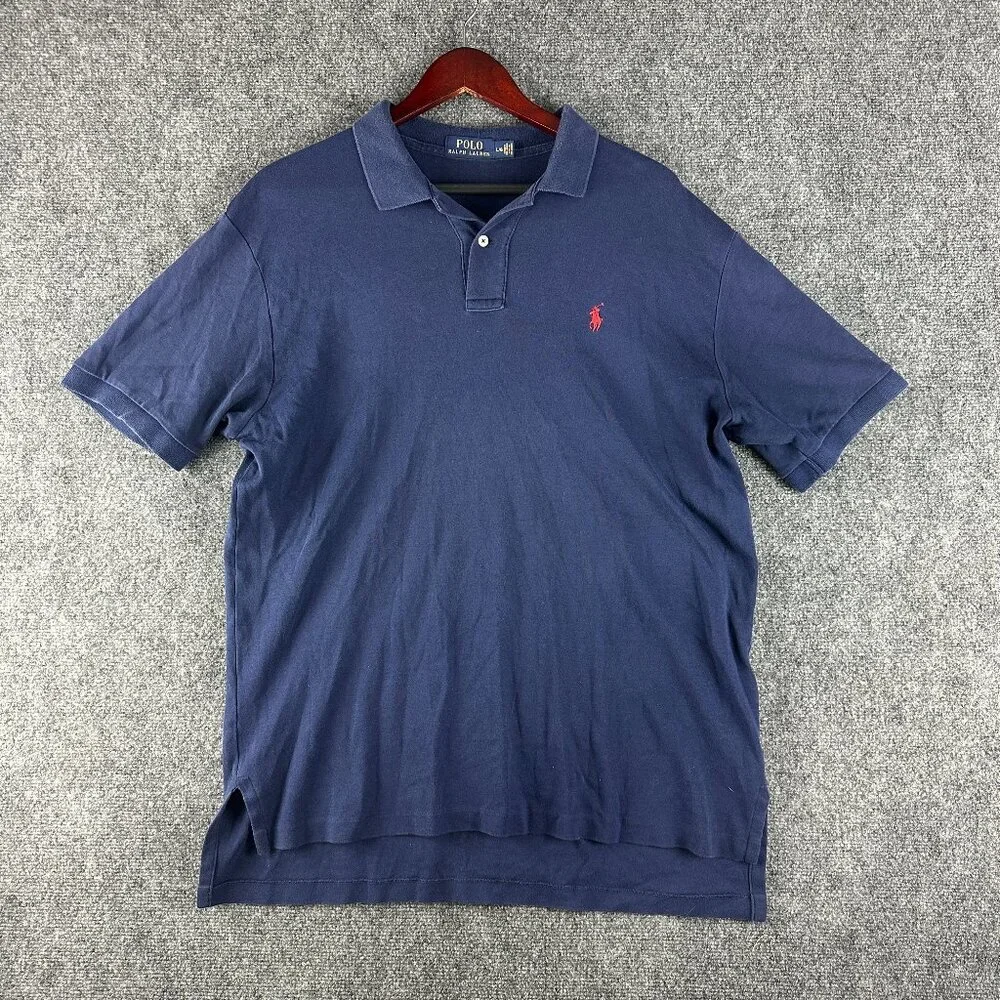 Polo Ralph Lauren Polo Shirt Mens Large Blue Short Sleeve Red Logo Split Hem